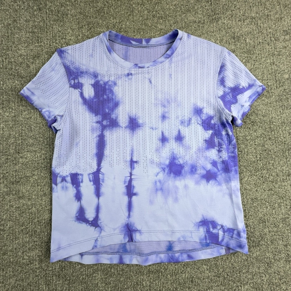 Lululemon Womens Small Purple Tie Dye Cropped Perforated Athletic T-Shirt Top